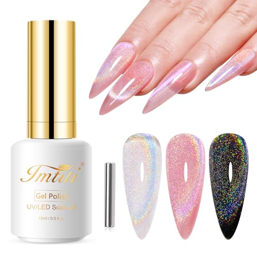 Imtiti Regenbogen Cat Eye UV Gel, 15ML Iridescent Glitter Katzenauge gel Nagellack Holografisches Glitzer Mit Magnet UV Led Magnetisch Gel Nail Polish Maniküre Nagelsalon von Imtiti
