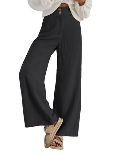 Imuedaen Cordhose Damen High Waist Weites Bein Hosen Freizeithose Lang Casual Locker Hose mit Taschen und Knöpfen (Dunkelgrau, M) von Imuedaen