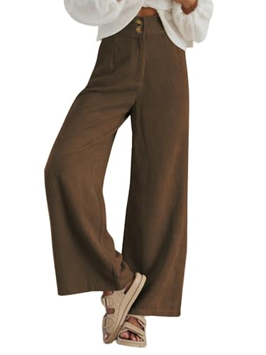 Imuedaen Cordhose Damen High Waist Weites Bein Hosen Freizeithose Lang Casual Locker Hose mit Taschen und Knöpfen (Kaffee, XL) von Imuedaen