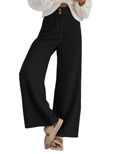 Imuedaen Cordhose Damen High Waist Weites Bein Hosen Freizeithose Lang Casual Locker Hose mit Taschen und Knöpfen (Schwarz, S) von Imuedaen