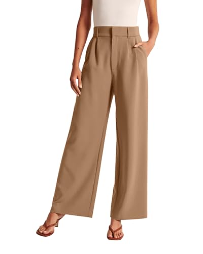 Imuedaen Damen Hosen High Waist Weites Bein Leichte Hose Casual Locker Kausale Büro Business Hosen Mit Taschen (Khaki, M) von Imuedaen