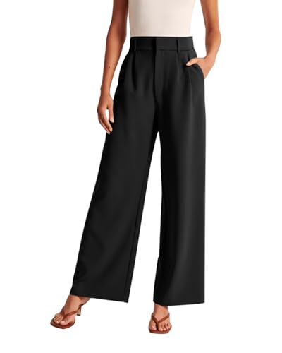 Imuedaen Damen Hosen High Waist Weites Bein Leichte Hose Casual Locker Kausale Büro Business Hosen Mit Taschen (Schwarz, L) von Imuedaen