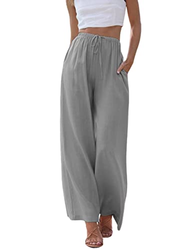 Imuedaen Damen Hosen Sommer Leinen Casual Leicht Locker Leinenhose Freizeithose Palazzo Hose Weite Leg Hose Sommerhose Hohe Taille mit Tunnelzug und Taschen (A Grau, L) von Imuedaen