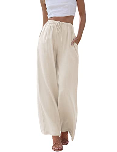 Imuedaen Damen Hosen Sommer Leinen Leicht Casual Locker Leinenhose Freizeithose Palazzo Hose Weite Leg Hose Sommerhose Hohe Taille mit Tunnelzug und Taschen (A Apricot, L) von Imuedaen