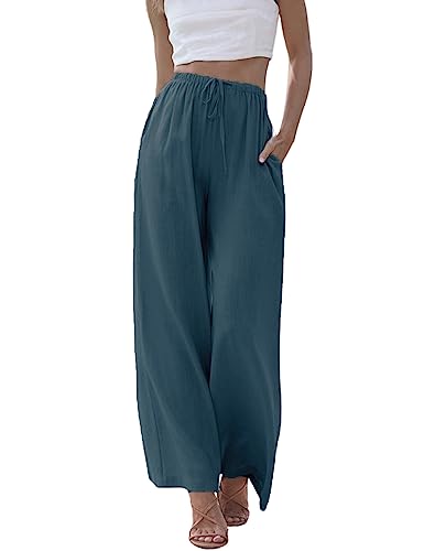 Imuedaen Damen Hosen Sommer Leinen Leicht Casual Locker Leinenhose Freizeithose Palazzo Hose Weite Leg Hose Sommerhose Hohe Taille mit Tunnelzug und Taschen (A Blau, M) von Imuedaen