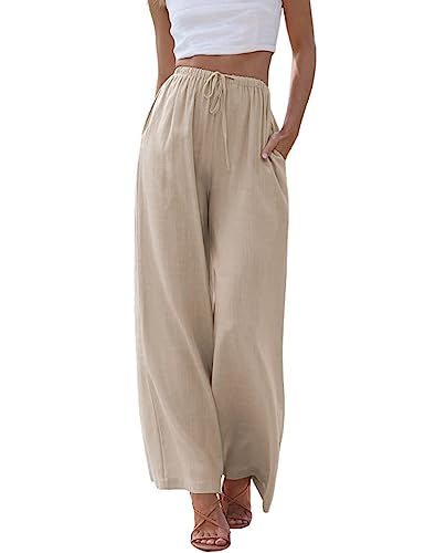 Imuedaen Damen Hosen Sommer Leinen Leicht Casual Locker Leinenhose Freizeithose Palazzo Hose Weite Leg Hose Sommerhose Hohe Taille mit Tunnelzug und Taschen (Khaki, M) von Imuedaen