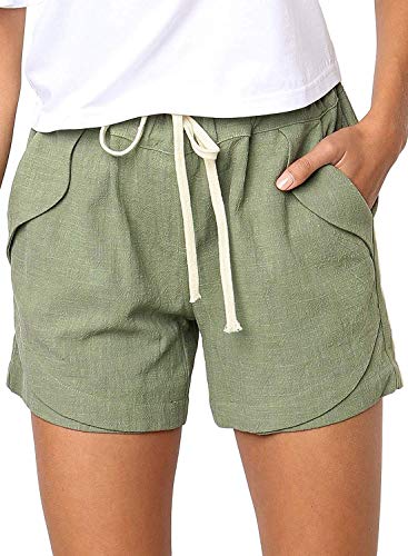 Imuedaen Damen Shorts Sommer Casual Kurze Hosen Tunnelzug Elastische Stoffhose Hotpants Baumwolle Leinen Strand Shorts mit Taschen (A Grün, S) von Imuedaen