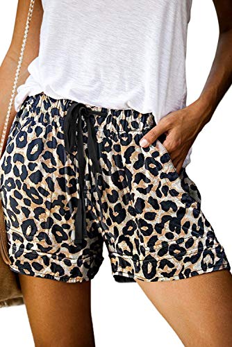 Imuedaen Damen Shorts Sommer Casual Kurze Hosen Tunnelzug Elastische Stoffhose Hotpants Baumwolle Leinen Strand Shorts mit Taschen (B Leopard, S) von Imuedaen