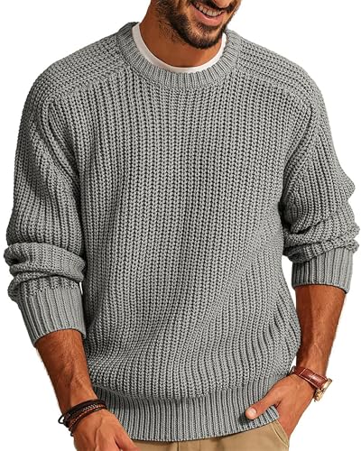 Imuedaen Herren Rundhals Pullover Einfarbig Basic Strickpullover mit Rundhalsausschnitt Grobstrick Pulli Langarm Winterpullover Warm Sweater (Grau, L) von Imuedaen