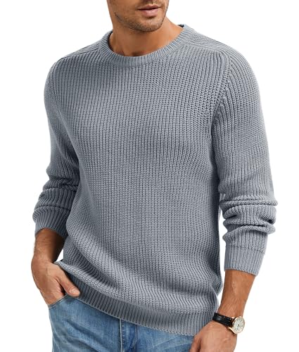 Imuedaen Herren Rundhals Pullover Einfarbig Basic Strickpullover mit Rundhalsausschnitt Grobstrick Pulli Langarm Winterpullover Warm Sweater (Grau, M) von Imuedaen