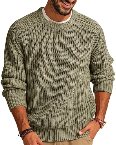 Imuedaen Herren Rundhals Pullover Einfarbig Basic Strickpullover mit Rundhalsausschnitt Grobstrick Pulli Langarm Winterpullover Warm Sweater (Grün, XXL) von Imuedaen