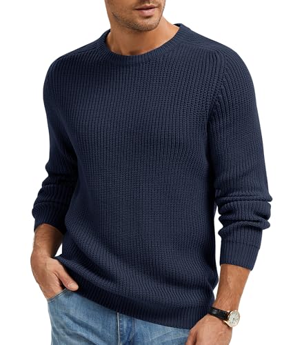 Imuedaen Herren Rundhals Pullover Einfarbig Basic Strickpullover mit Rundhalsausschnitt Grobstrick Pulli Langarm Winterpullover Warm Sweater (Marine, L) von Imuedaen