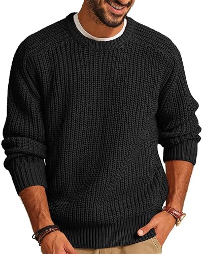 Imuedaen Herren Rundhals Pullover Einfarbig Basic Strickpullover mit Rundhalsausschnitt Grobstrick Pulli Langarm Winterpullover Warm Sweater (Schwarz, 3XL) von Imuedaen