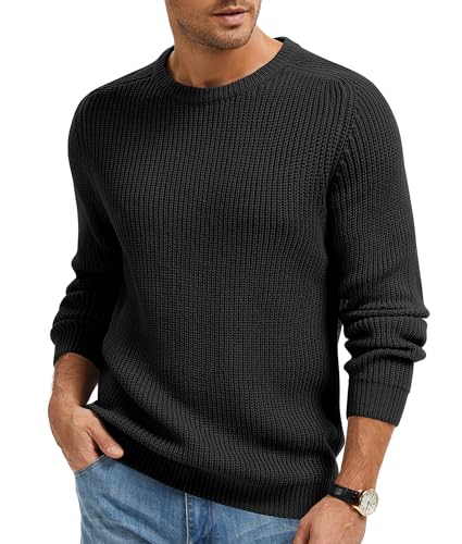 Imuedaen Herren Rundhals Pullover Einfarbig Basic Strickpullover mit Rundhalsausschnitt Grobstrick Pulli Langarm Winterpullover Warm Sweater (Schwarz, M) von Imuedaen