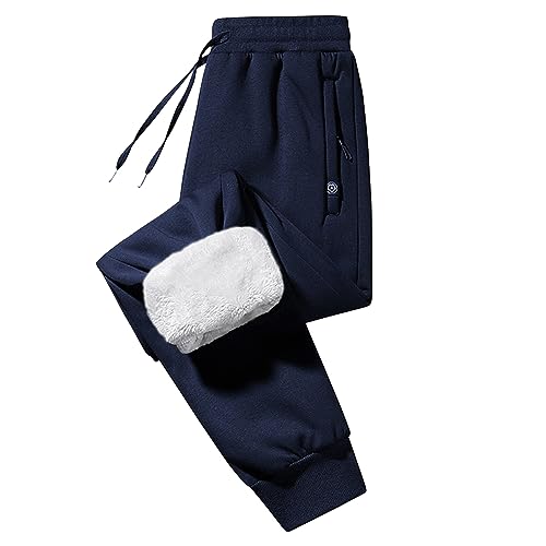 Imuedaen Jogginghose Herren Winter Fleece Gefüttert Warme Trainingshose Fleece Plüsch Gefüttert Jogger Hose Sweatpants Winterhose Traininghose mit Tasche (AA Dunkelblau, S) von Imuedaen