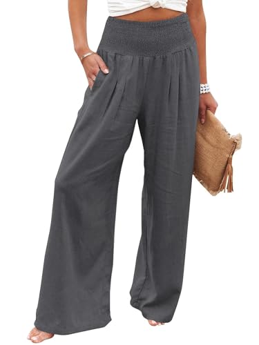 Imuedaen Leinenhose Damen Sommer Hose Casual Leinen Leicht Hosen Weites Bein Palazzo Freizeithose Hohe Taille Einfarbig Sommerhose Stoffhose mit Taschen (Dunkelgrau, XL) von Imuedaen
