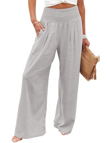 Imuedaen Leinenhose Damen Sommer Hose Casual Leinen Leicht Hosen Weites Bein Palazzo Freizeithose Hohe Taille Einfarbig Sommerhose Stoffhose mit Taschen (Grau, L) von Imuedaen