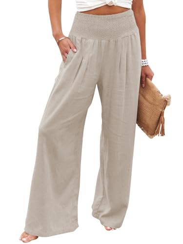 Imuedaen Leinenhose Damen Sommer Hose Casual Leinen Leicht Hosen Weites Bein Palazzo Freizeithose Hohe Taille Einfarbig Sommerhose Stoffhose mit Taschen (Khaki, XL) von Imuedaen