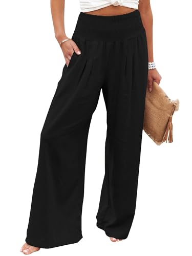 Imuedaen Leinenhose Damen Sommer Hose Casual Leinen Leicht Hosen Weites Bein Palazzo Freizeithose Hohe Taille Einfarbig Sommerhose Stoffhose mit Taschen (Schwarz, XL) von Imuedaen