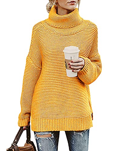 Imuedaen Pullover Damen Elegant Rollkragenpullover Langarm Strickpullover Lässiges Stricken Pulli Winter Sweatshirt Oberteile (A Gelb, L) von Imuedaen