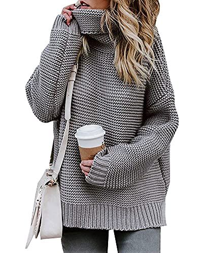 Imuedaen Pullover Damen Elegant Rollkragenpullover Langarm Strickpullover Lässiges Stricken Pulli Winter Sweatshirt Oberteile (A Grau, L) von Imuedaen