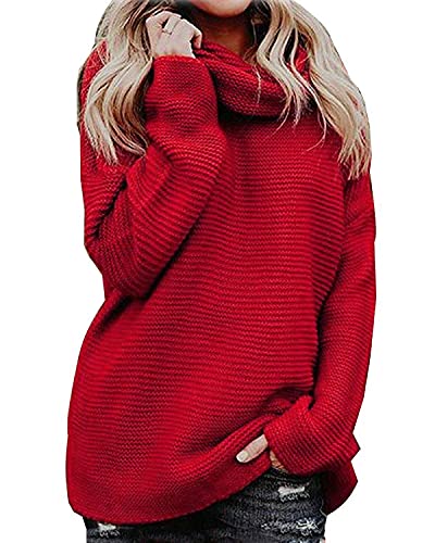 Imuedaen Pullover Damen Elegant Rollkragenpullover Langarm Strickpullover Lässiges Stricken Pulli Winter Sweatshirt Oberteile (A Rot, M) von Imuedaen