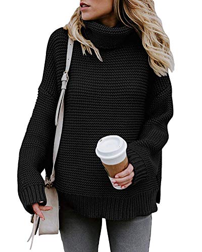 Imuedaen Pullover Damen Elegant Rollkragenpullover Langarm Strickpullover Lässiges Stricken Pulli Winter Sweatshirt Oberteile (A Schwarz, L) von Imuedaen