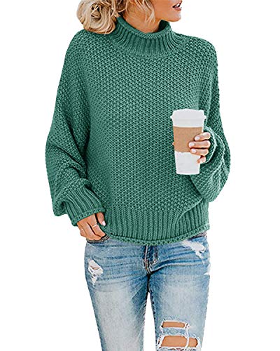 Imuedaen Pullover Damen Elegant Winter Rollkragenpullover Strickpullover Grobstrickpullover Casual Lose Langarm Pulli Oberteile (A Dunkelgrün, XXL) von Imuedaen
