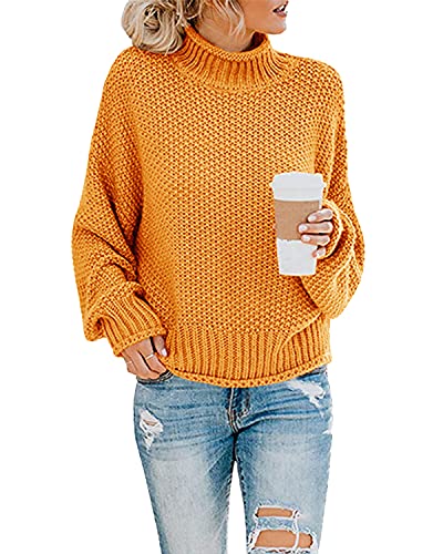 Imuedaen Pullover Damen Elegant Winter Rollkragenpullover Strickpullover Grobstrickpullover Casual Lose Langarm Pulli Oberteile (A Gelb, L) von Imuedaen