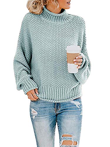 Imuedaen Pullover Damen Elegant Winter Rollkragenpullover Strickpullover Grobstrickpullover Casual Lose Langarm Pulli Oberteile (A Hellblau, L) von Imuedaen