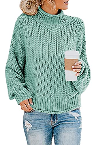 Imuedaen Pullover Damen Elegant Winter Rollkragenpullover Strickpullover Grobstrickpullover Casual Lose Langarm Pulli Oberteile (A Hellblau, XL) von Imuedaen