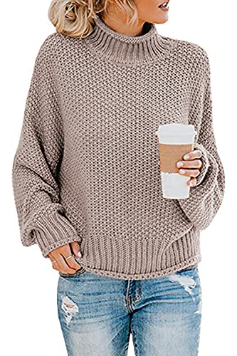 Imuedaen Pullover Damen Elegant Winter Rollkragenpullover Strickpullover Grobstrickpullover Casual Lose Langarm Pulli Oberteile (A Khaki, L) von Imuedaen