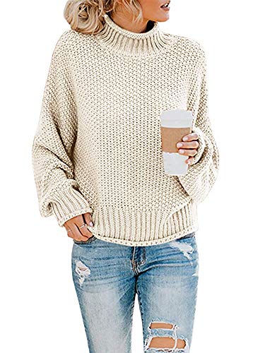 Imuedaen Pullover Damen Elegant Winter Rollkragenpullover Strickpullover Grobstrickpullover Casual Lose Langarm Pulli Oberteile (A Natürliches Weiß, M) von Imuedaen