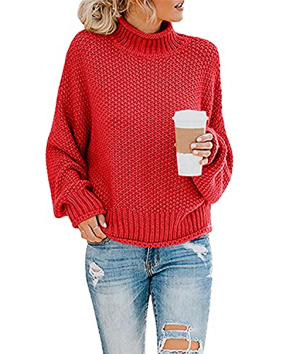 Imuedaen Pullover Damen Elegant Winter Rollkragenpullover Strickpullover Grobstrickpullover Casual Lose Langarm Pulli Oberteile (A Rot, L) von Imuedaen