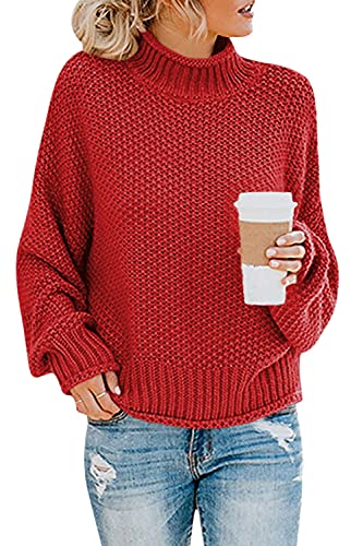 Imuedaen Pullover Damen Elegant Winter Rollkragenpullover Strickpullover Grobstrickpullover Casual Lose Langarm Pulli Oberteile (A Rot, L) von Imuedaen