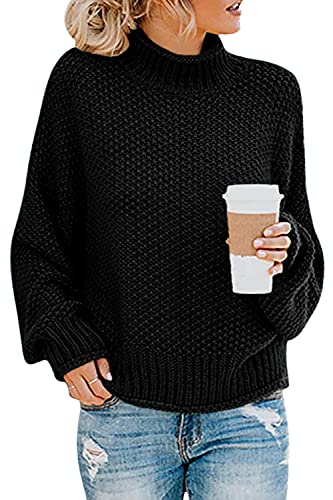 Imuedaen Pullover Damen Elegant Winter Rollkragenpullover Strickpullover Grobstrickpullover Casual Lose Langarm Pulli Oberteile (A Schwarz, L) von Imuedaen