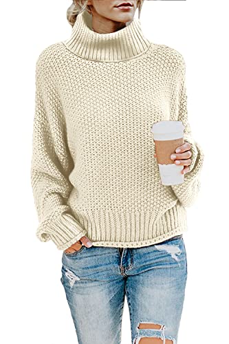 Imuedaen Pullover Damen Elegant Winter Rollkragenpullover Strickpullover Grobstrickpullover Casual Lose Langarm Pulli Oberteile (C Beige, M) von Imuedaen