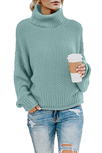 Imuedaen Pullover Damen Elegant Winter Rollkragenpullover Strickpullover Grobstrickpullover Casual Lose Langarm Pulli Oberteile (C Hellblau, L) von Imuedaen