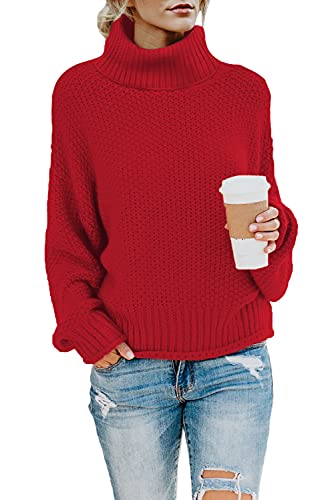 Imuedaen Pullover Damen Elegant Winter Rollkragenpullover Strickpullover Grobstrickpullover Casual Lose Langarm Pulli Oberteile (C Rot, L) von Imuedaen