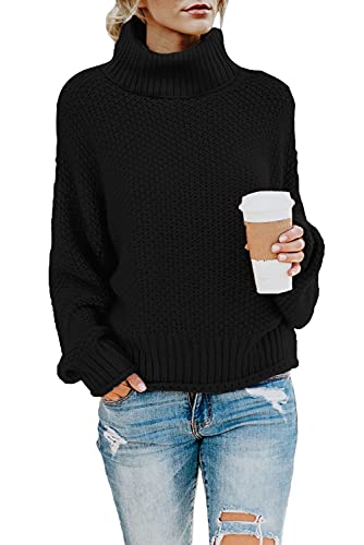Imuedaen Pullover Damen Elegant Winter Rollkragenpullover Strickpullover Grobstrickpullover Casual Lose Langarm Pulli Oberteile (C Schwarz, M) von Imuedaen