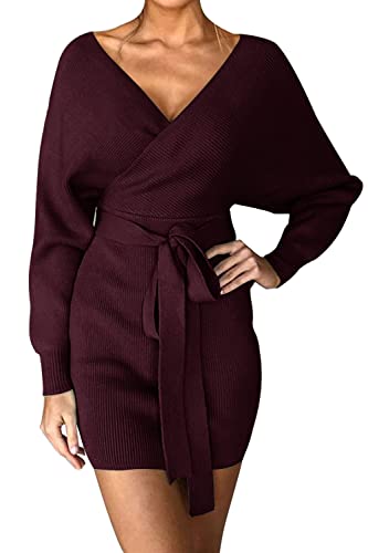 Imuedaen Pulloverkleid Damen V-Ausschnitt Elegant Strickkleid Langarm Pullover Tunika Kleid Mit Gürtel für Herbst Winter (A Burgund, S) von Imuedaen