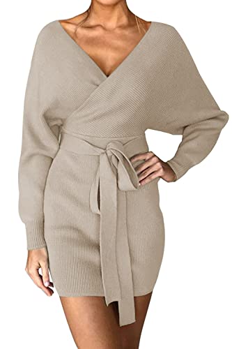 Imuedaen Pulloverkleid Damen V-Ausschnitt Elegant Strickkleid Langarm Pullover Tunika Kleid Mit Gürtel für Herbst Winter (A Khaki, L) von Imuedaen