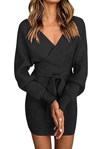 Imuedaen Pulloverkleid Damen V-Ausschnitt Elegant Strickkleid Langarm Pullover Tunika Kleid Mit Gürtel für Herbst Winter (A Schwarz, L) von Imuedaen