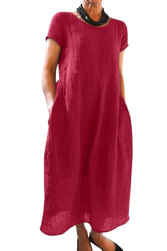 Imuedaen Sommerkleid Damen Kleider Sommer Casual Rundhalsausschnitt Kurzarm Freizeitkleid Strandkleider Boho Langes Kleid (B Burgund, M) von Imuedaen