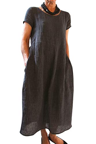 Imuedaen Sommerkleid Damen Kleider Sommer Casual Rundhalsausschnitt Kurzarm Freizeitkleid Strandkleider Boho Langes Kleid mit Taschen (B Schwarz, M) von Imuedaen