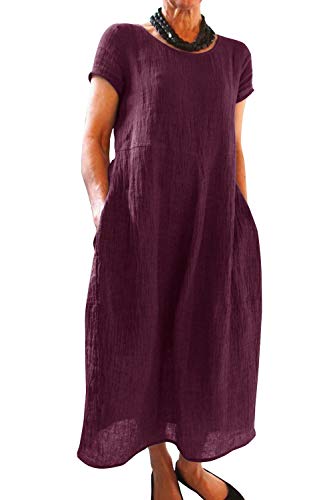 Imuedaen Sommerkleid Damen Kleider Sommer Rundhalsausschnitt Casual Kurzarm Freizeitkleider Strandkleider Boho Langes Kleid mit Taschen (3XL, B Burgund) von Imuedaen