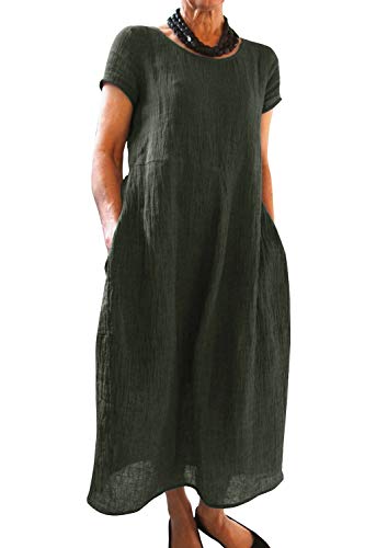 Imuedaen Sommerkleid Damen Leinenkleider Sommer Casual Rundhalsausschnitt Kurzarm Freizeitkleid Strandkleider Boho Langes Kleid mit Taschen (B Dunkelgrün, L) von Imuedaen