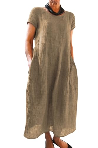 Imuedaen Sommerkleid Damen Leinenkleider Sommer Casual Rundhalsausschnitt Kurzarm Freizeitkleid Strandkleider Boho Langes Kleid mit Taschen (B Khaki, L) von Imuedaen