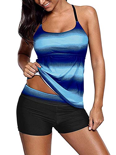 Imuedaen Tankini Damen Badeanzug Tummy Control Top Mit Shorts Zweiteiler Farbverlauf Gestreift Bikini Sets Swimsuit Gepolsterte Bademode Beachwear (C Blau, M) von Imuedaen