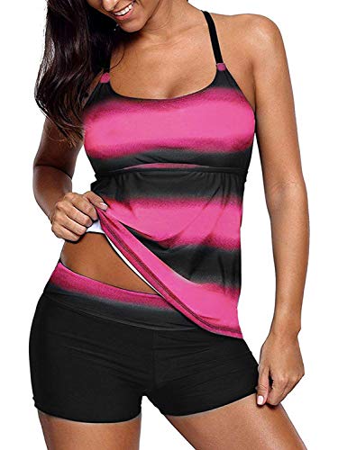 Imuedaen Tankini Damen Badeanzug Tummy Control Top Mit Shorts Zweiteiler Farbverlauf Gestreift Bikini Sets Swimsuit Gepolsterte Bademode Beachwear (C Rot, L) von Imuedaen